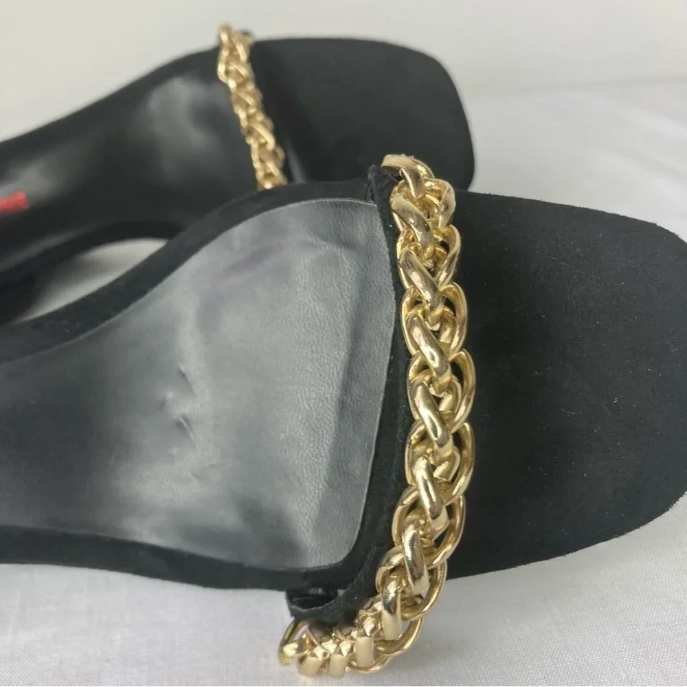 Black Wedge Sandals with Gold Chain Accent